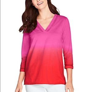 Land’s End 3/4 sleeve V neck top Tangerine ombré pink cotton Medium Petite